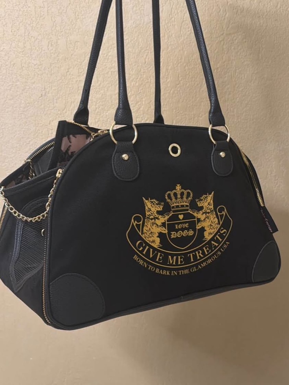 Juicy couture Black Pet Carrier Tote Bag with Gold Crest Detail